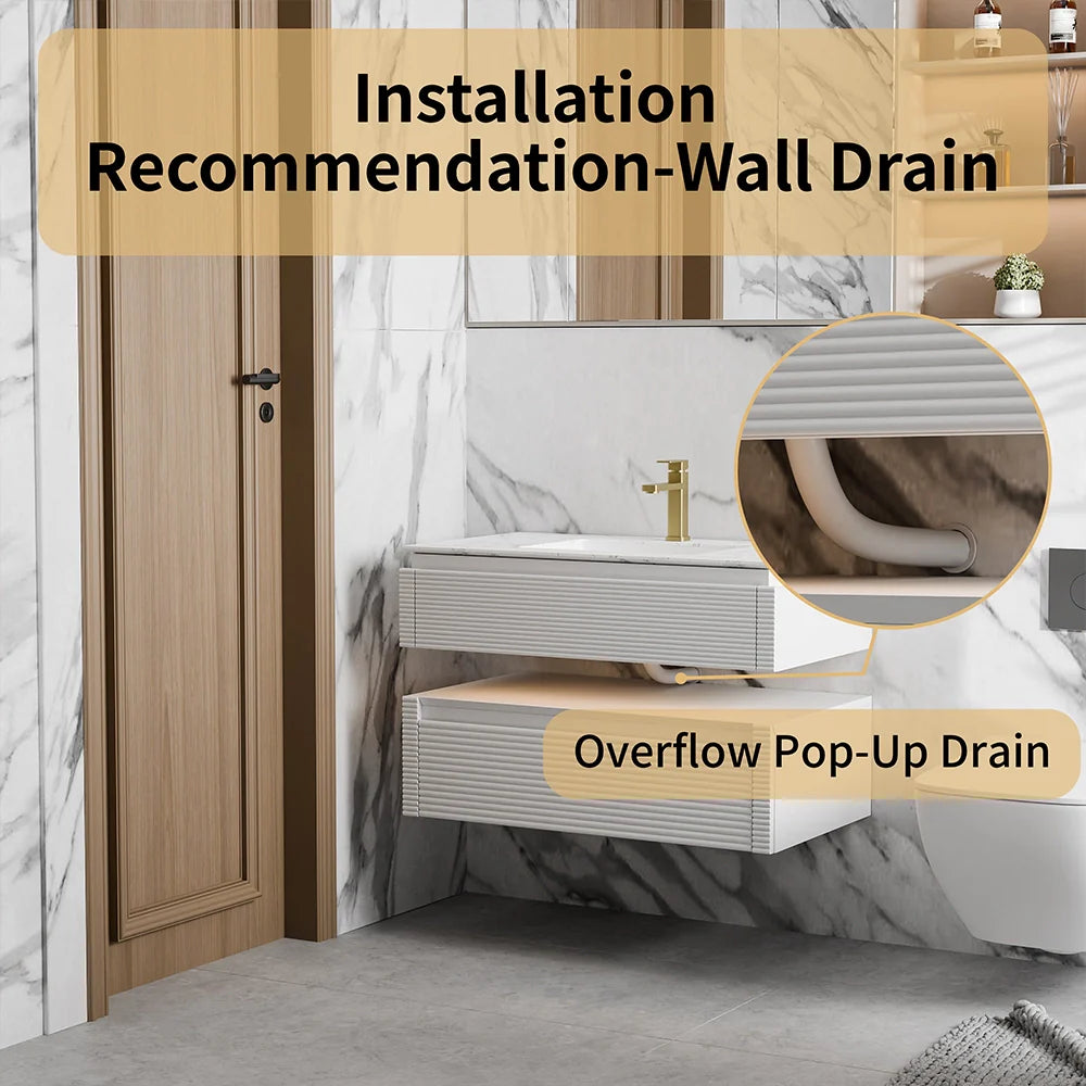 36 Inch Wall Mounted Single Bathroom Vanity with Marble Countertop