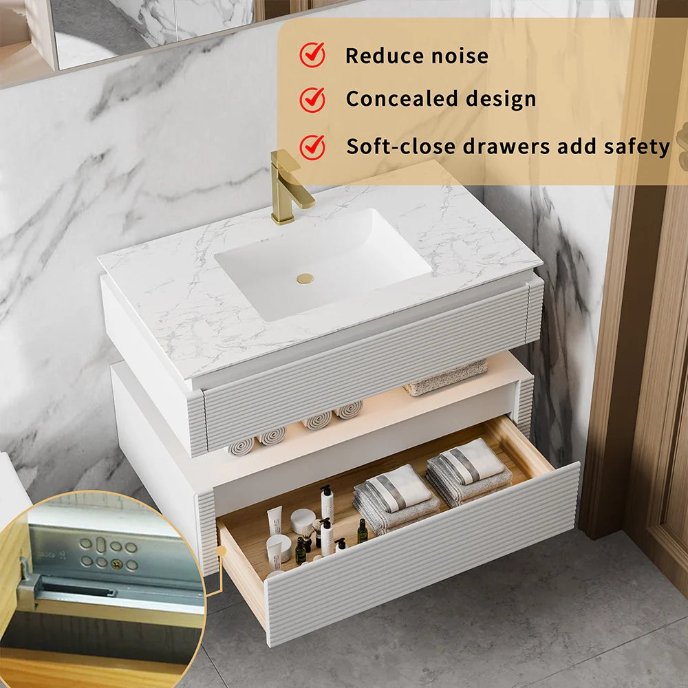36 Inch Wall Mounted Single Bathroom Vanity with Marble Countertop