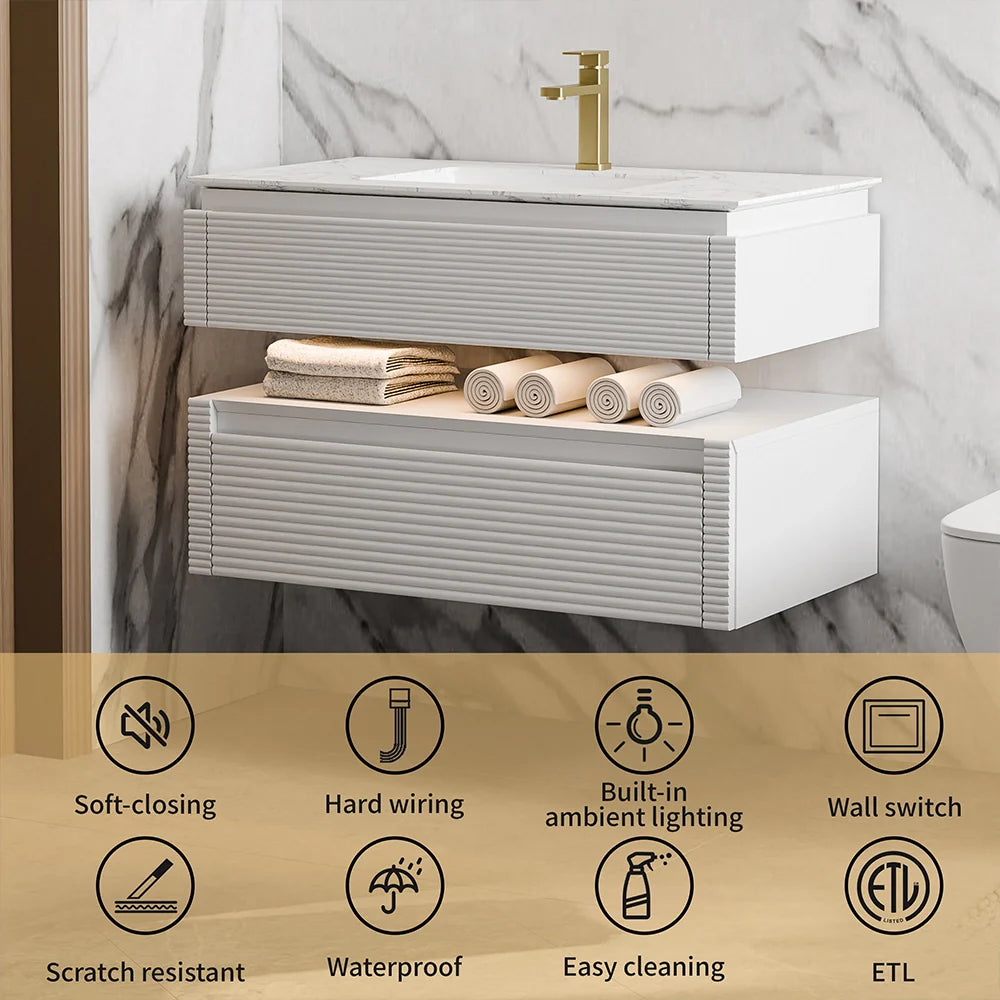 36 Inch Wall Mounted Single Bathroom Vanity with Marble Countertop