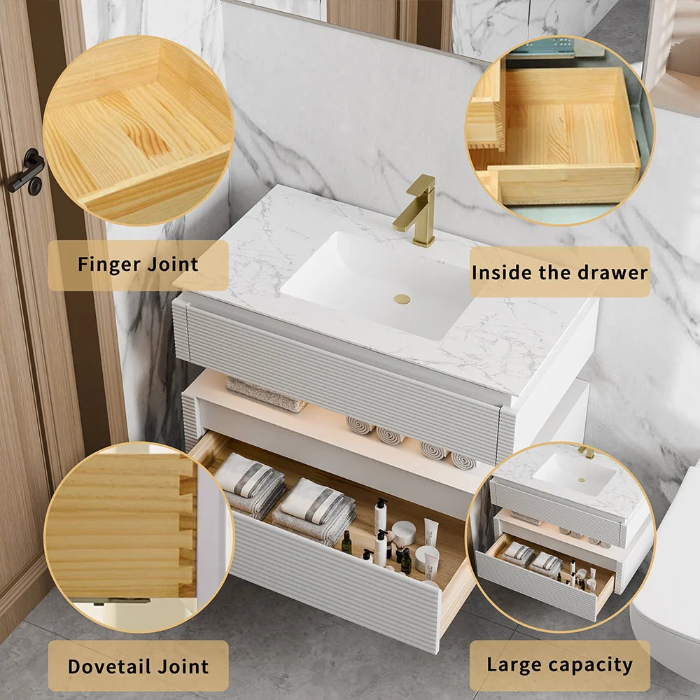 36 Inch Wall Mounted Single Bathroom Vanity with Marble Countertop