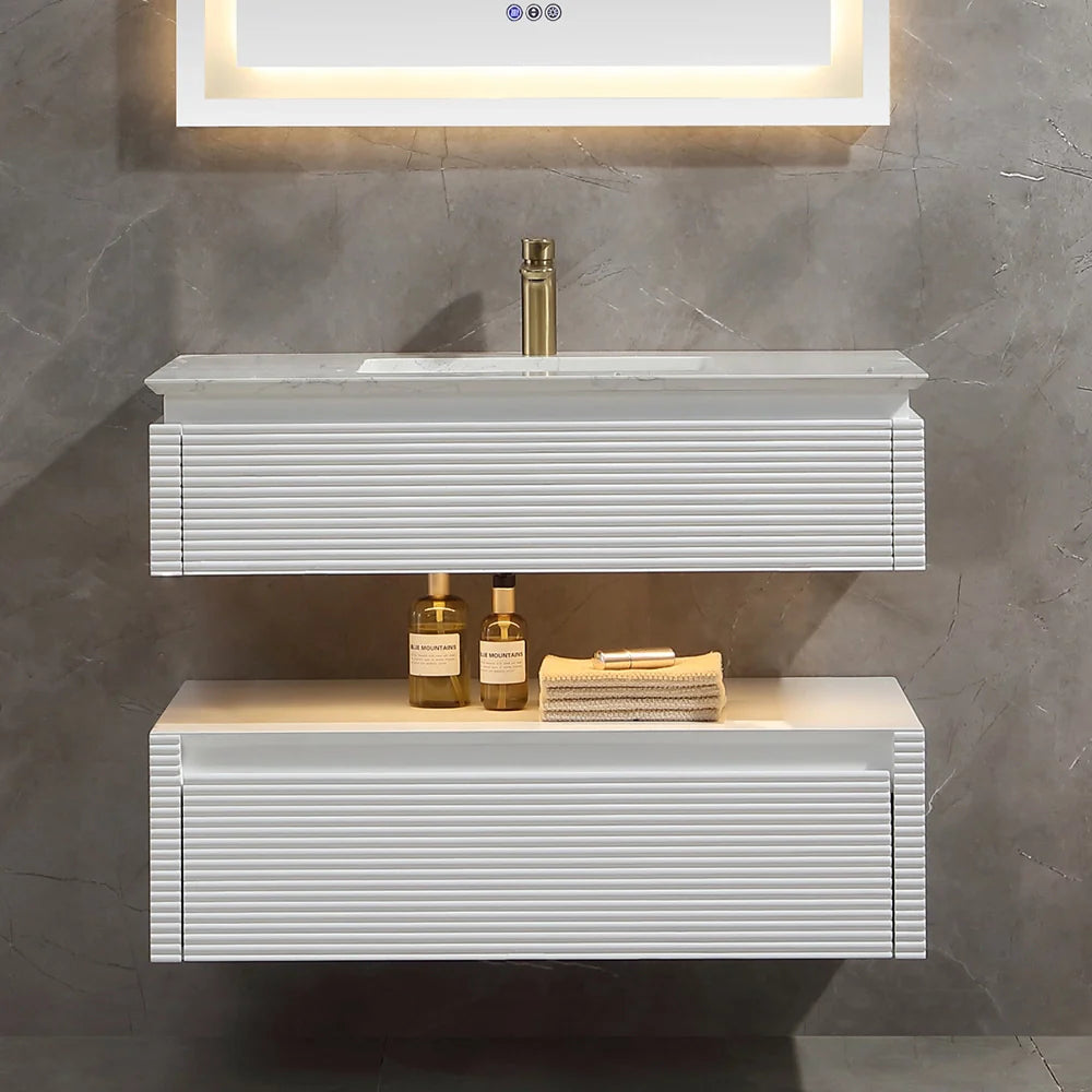 36 Inch Wall Mounted Single Bathroom Vanity with Marble Countertop