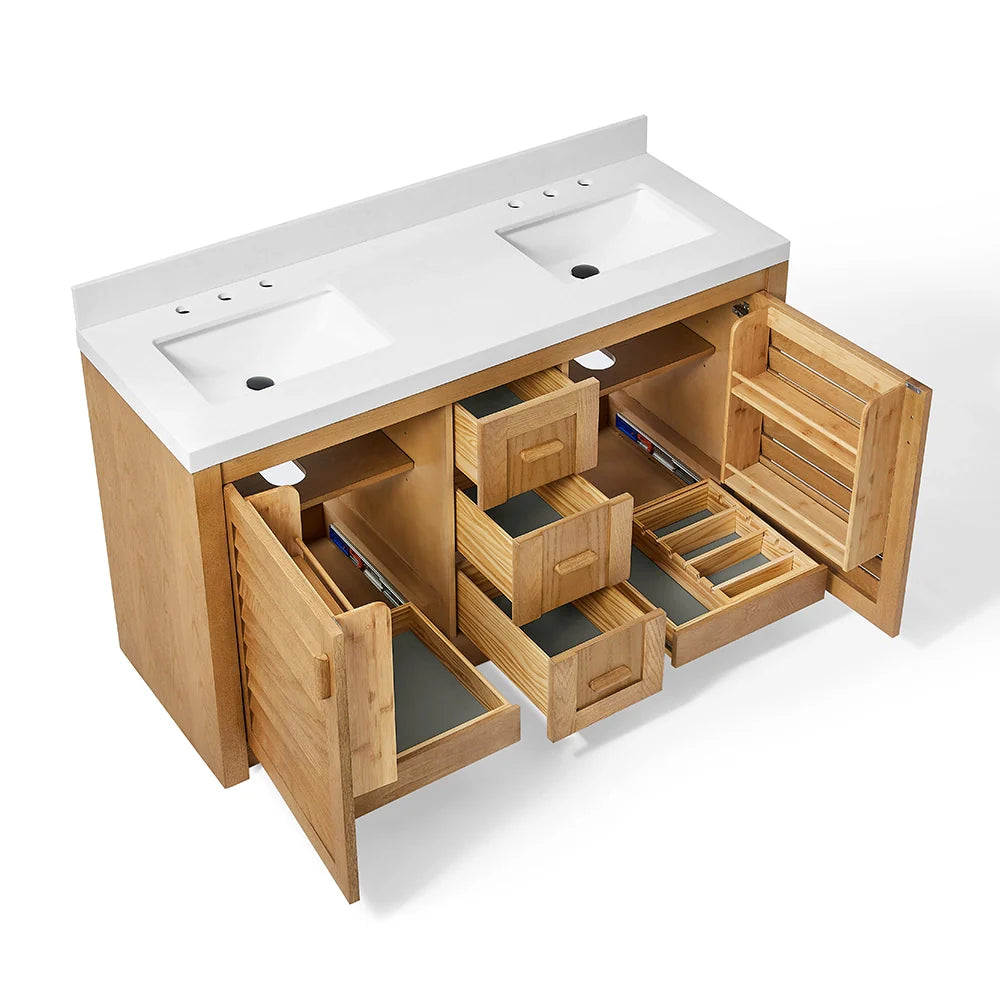 60 Inch Light Wood Freestanding Double Sink Bathroom Vanity – Fully Assembled