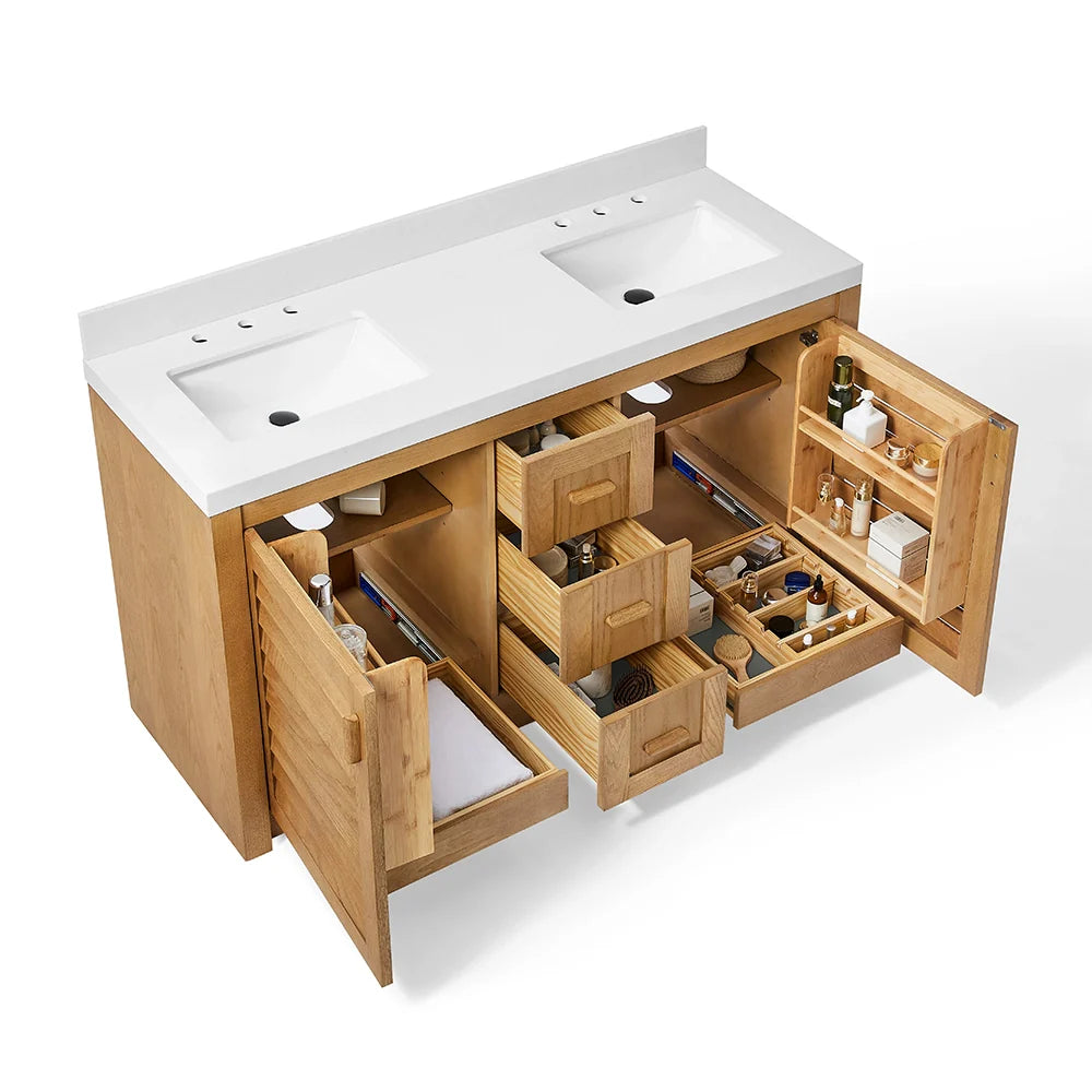 60 Inch Light Wood Freestanding Double Sink Bathroom Vanity – Fully Assembled