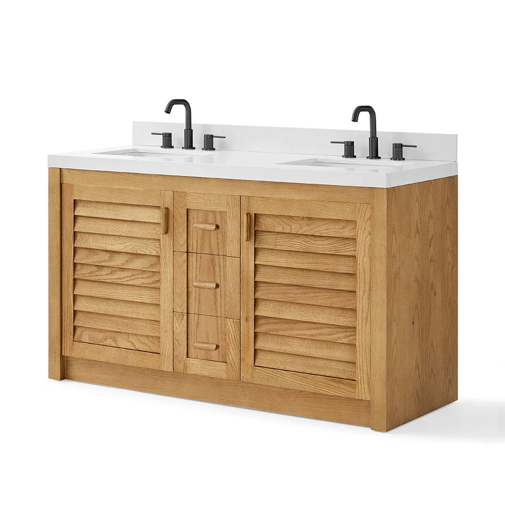 60 Inch Light Wood Freestanding Double Sink Bathroom Vanity – Fully Assembled