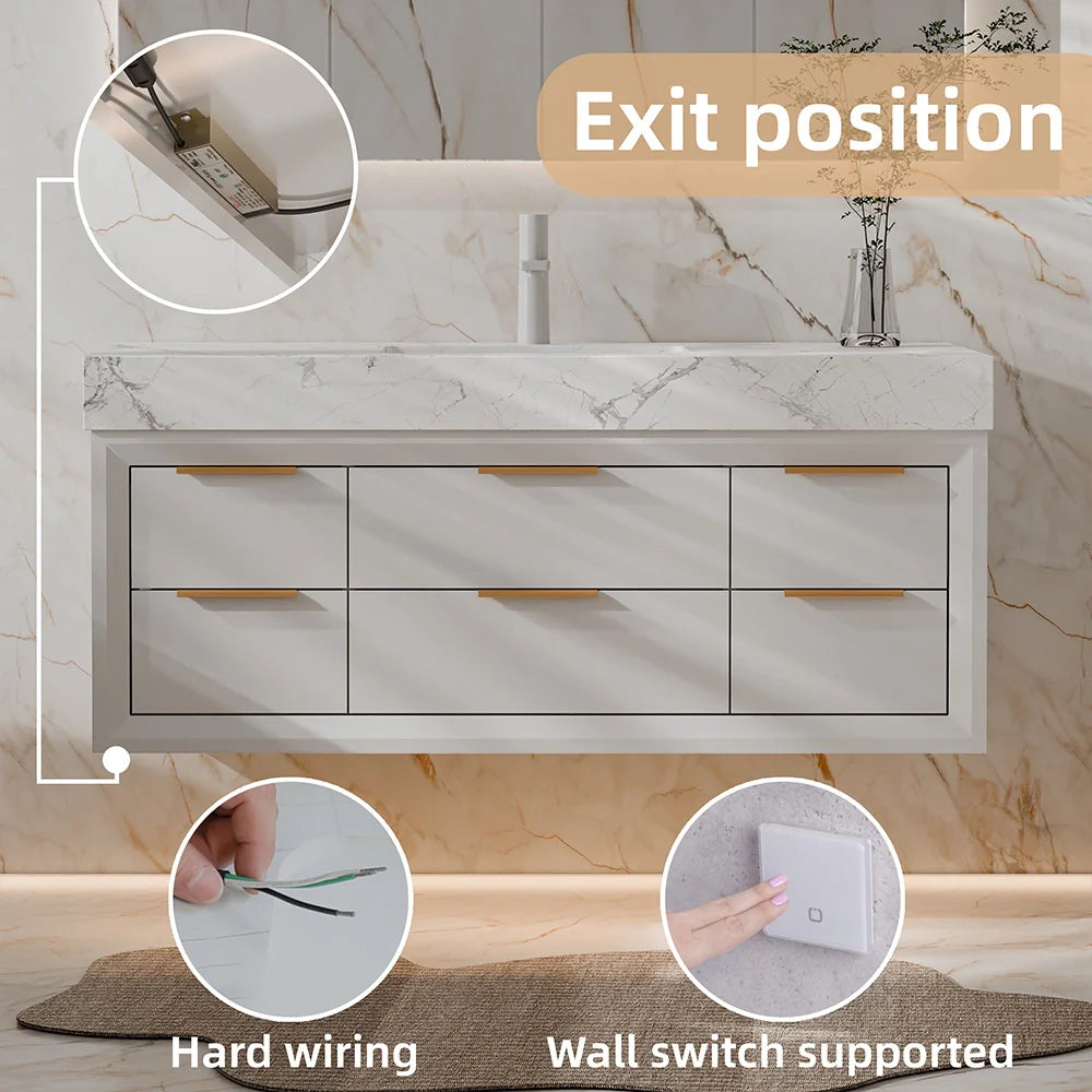 48 Inch Modern Wall Mounted Bathroom Vanity with Marble Countertop