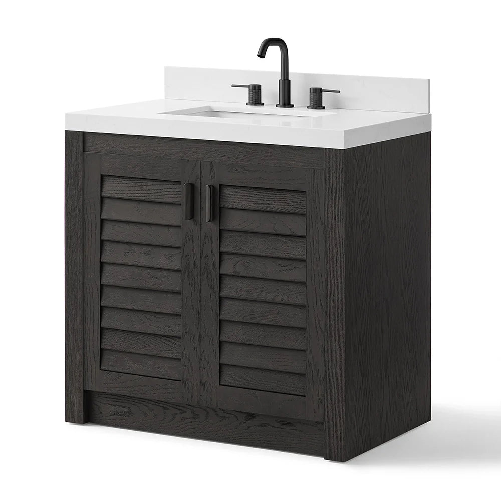 36 Inch Single Sink Bathroom Vanity with White Wide Louvered Doors & Quartz Top