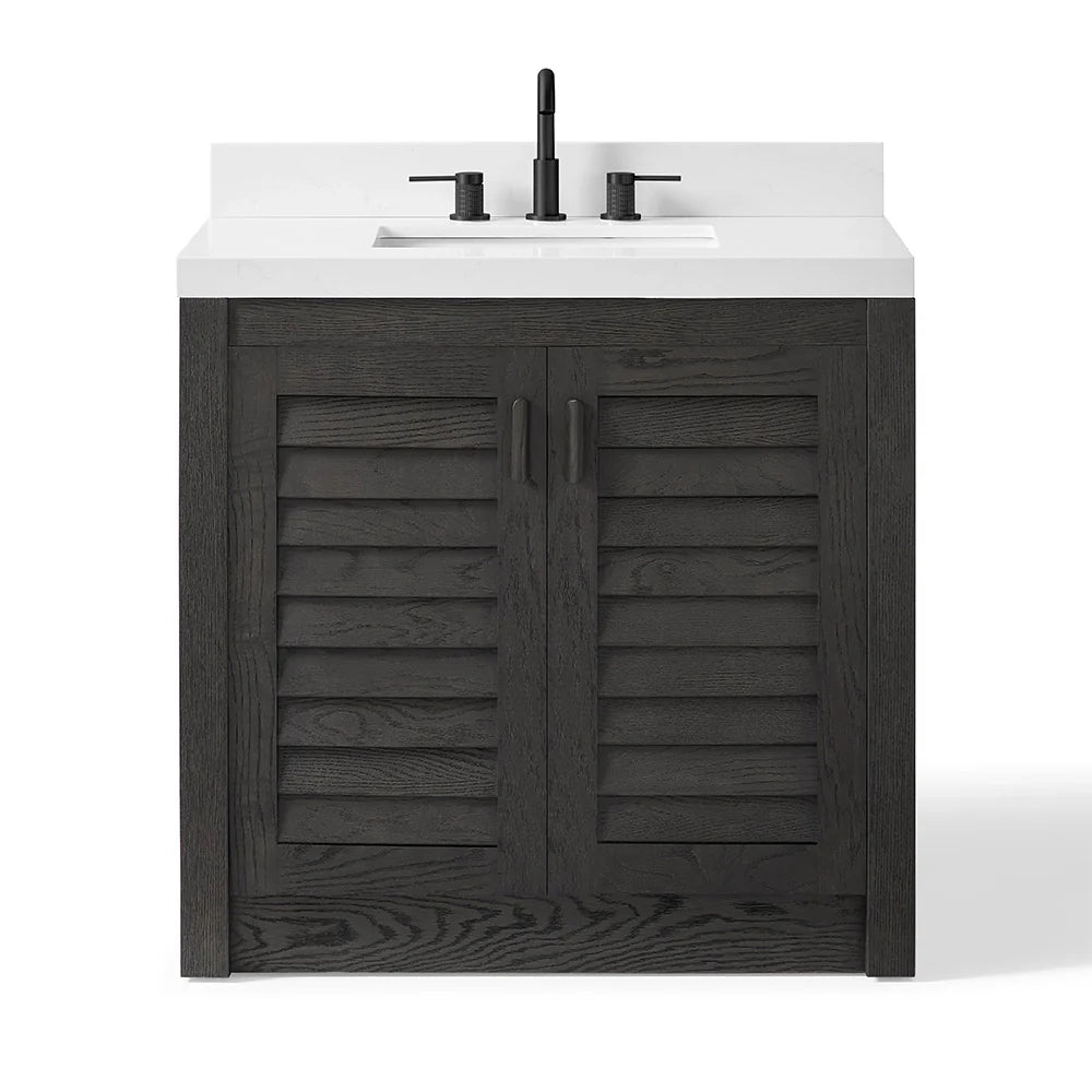 36 Inch Single Sink Bathroom Vanity with White Wide Louvered Doors & Quartz Top