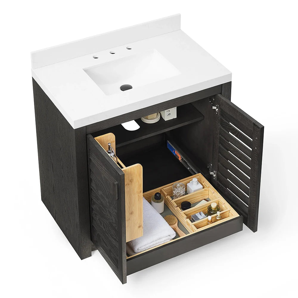 36 Inch Single Sink Bathroom Vanity with White Wide Louvered Doors & Quartz Top