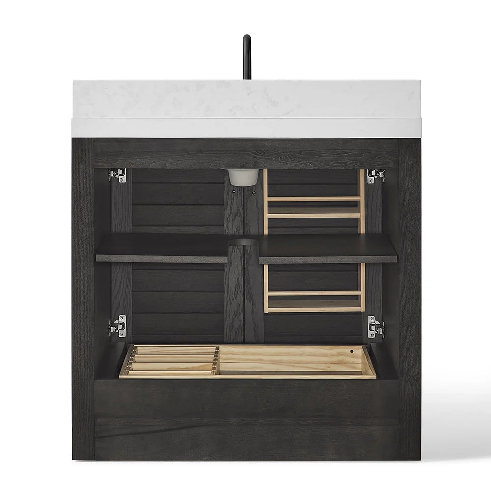 36 Inch Single Sink Bathroom Vanity with White Wide Louvered Doors & Quartz Top