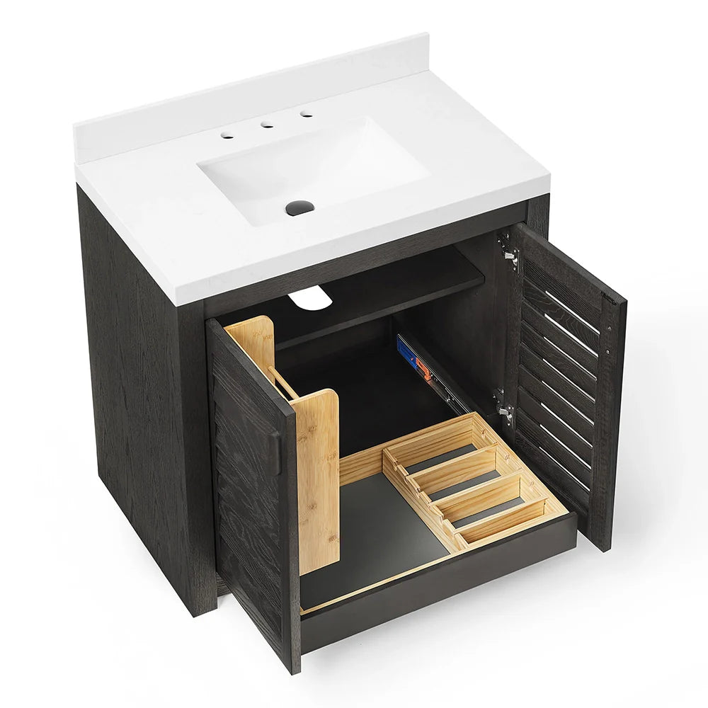 36 Inch Single Sink Bathroom Vanity with White Wide Louvered Doors & Quartz Top