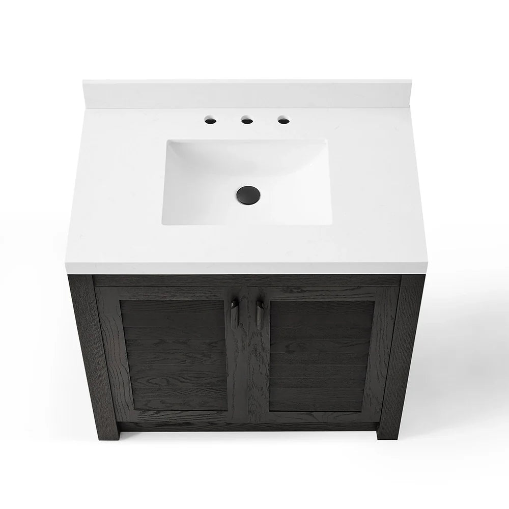 36 Inch Single Sink Bathroom Vanity with White Wide Louvered Doors & Quartz Top