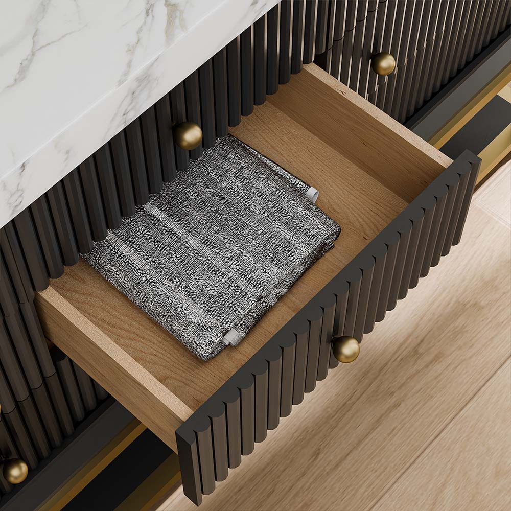 60-In Fluted Solid Wood Bathroom Vanity, PU Lacquer, Half-Frame Steel Base – Double Sink