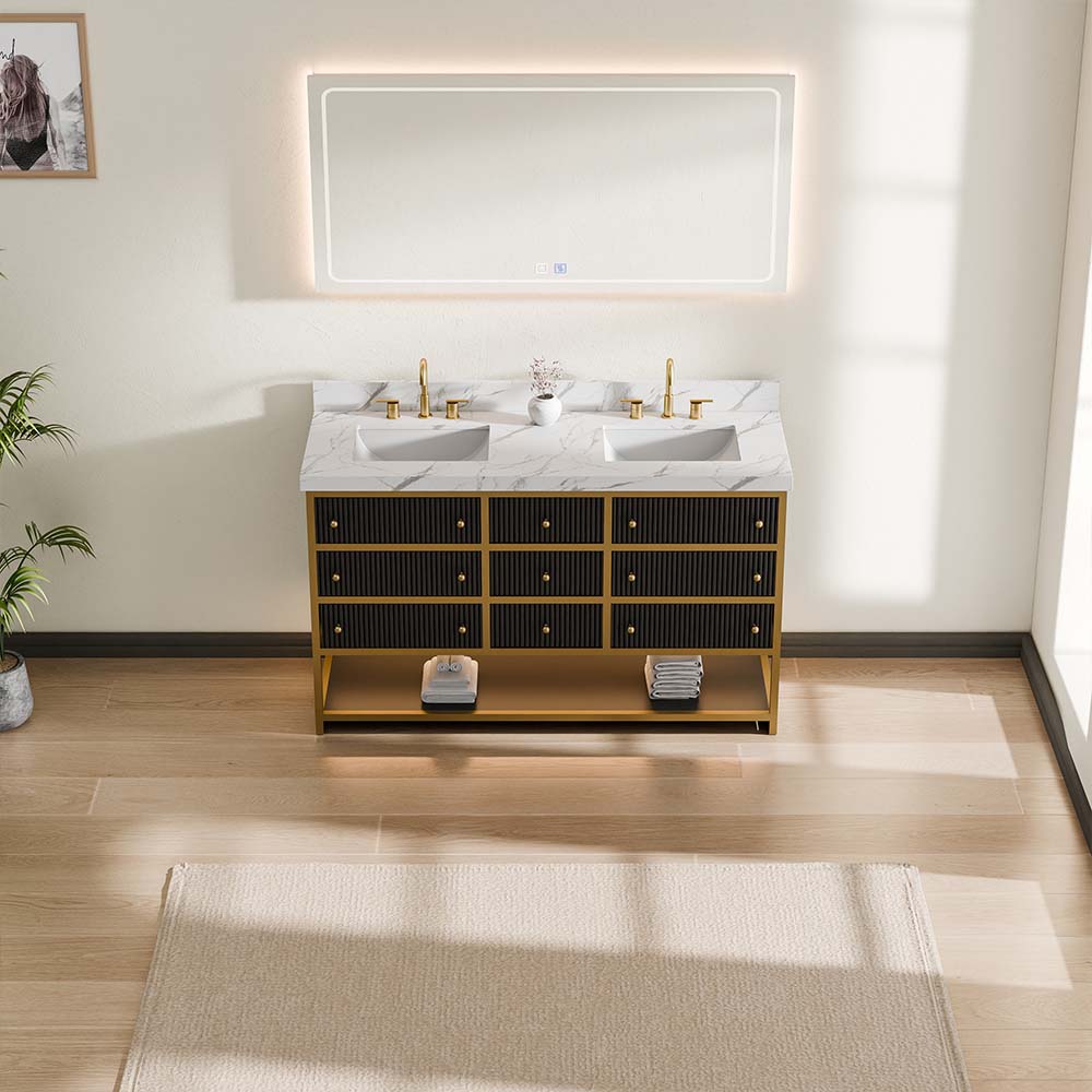 60-In Fluted Solid Wood Luxury Gold Bathroom Vanity, PU Lacquer – Double Sink