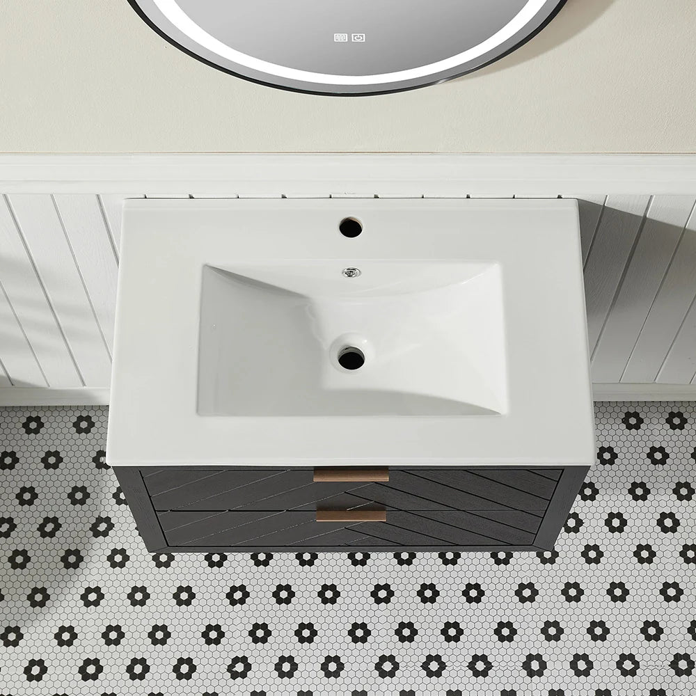 30 Inch Black Floating Bathroom Vanity with Single Ceramic Sink