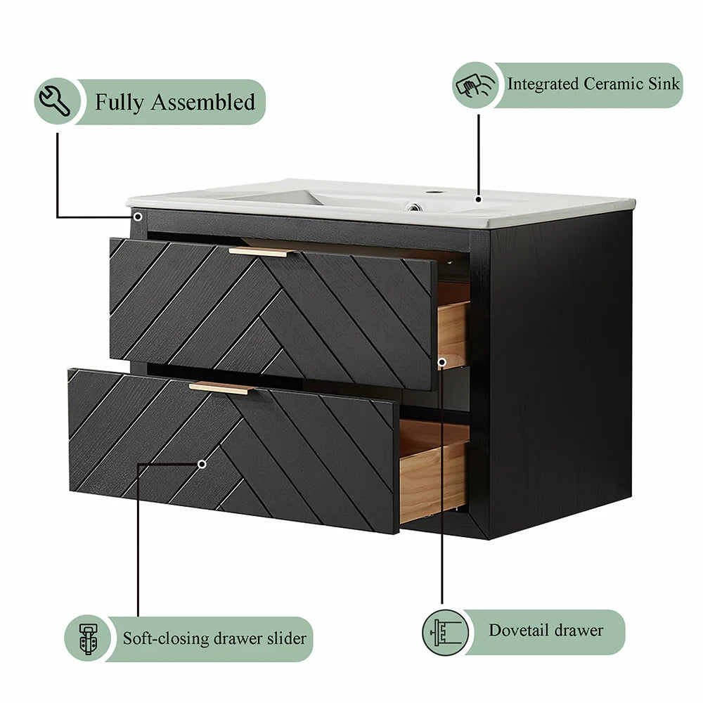 30 Inch Black Floating Bathroom Vanity with Single Ceramic Sink