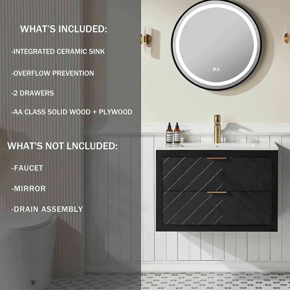30 Inch Black Floating Bathroom Vanity with Single Ceramic Sink