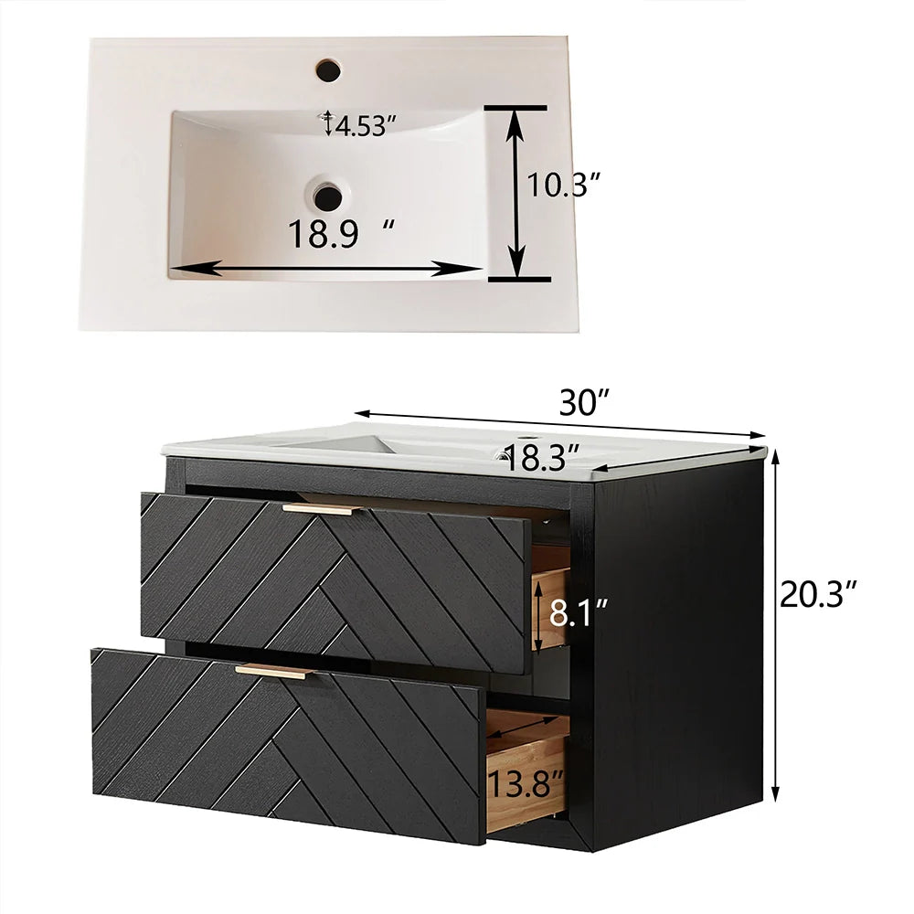 30 Inch Black Floating Bathroom Vanity with Single Ceramic Sink