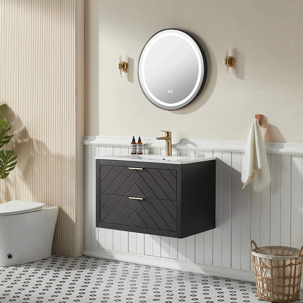 30 Inch Black Floating Bathroom Vanity with Single Ceramic Sink
