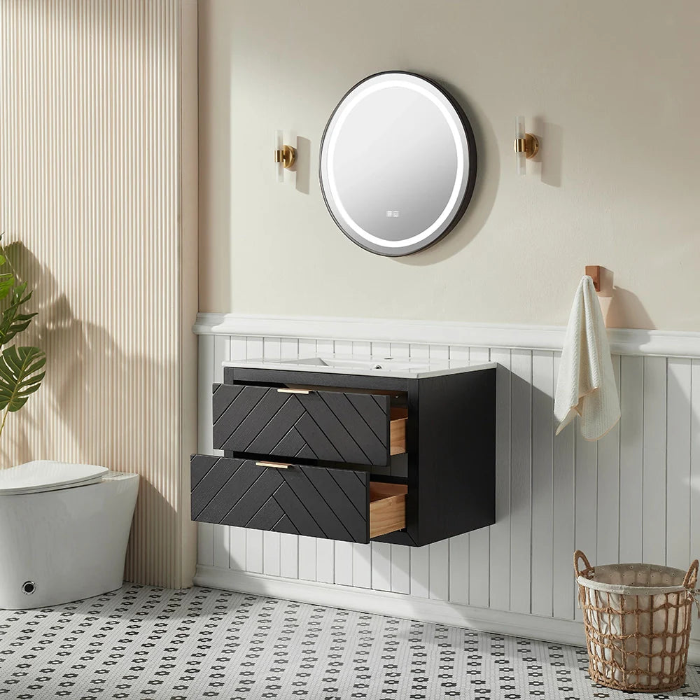 30 Inch Black Floating Bathroom Vanity with Single Ceramic Sink