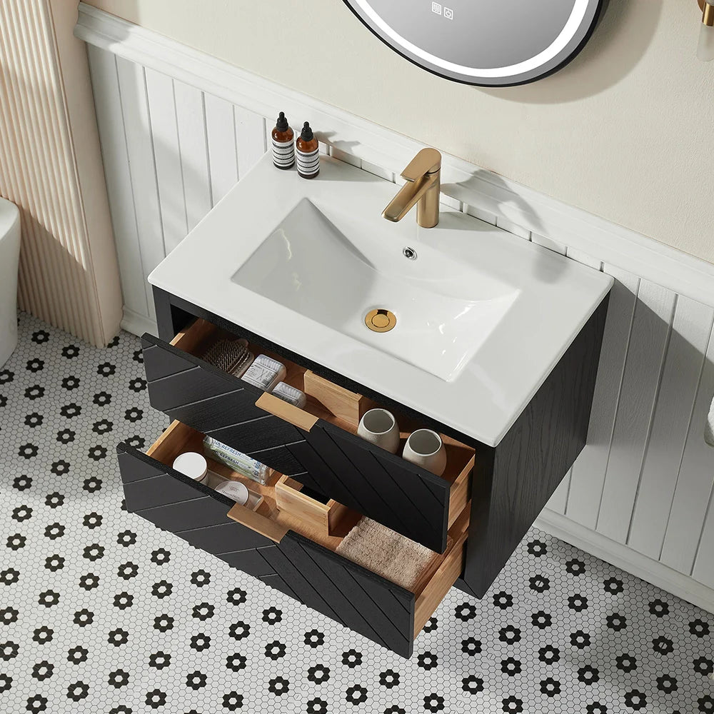 30 Inch Black Floating Bathroom Vanity with Single Ceramic Sink