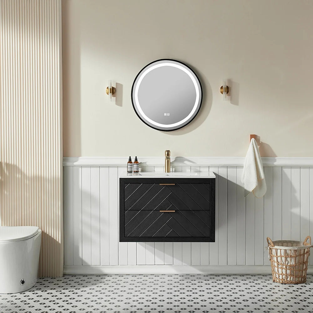 30 Inch Black Floating Bathroom Vanity with Single Ceramic Sink