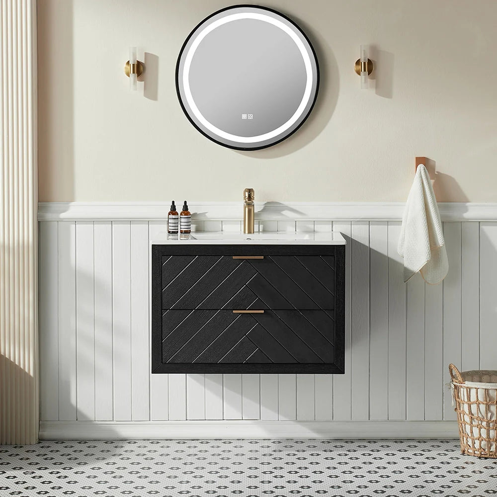 30 Inch Black Floating Bathroom Vanity with Single Ceramic Sink