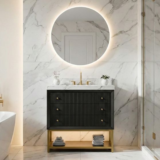 36-In Fluted Solid Wood Bathroom Vanity, PU Lacquer, Half-Frame Steel Base – Single Sink