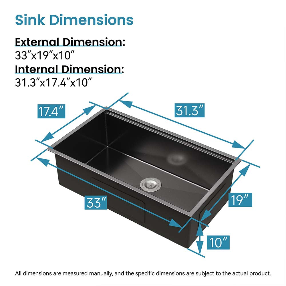33 x 19 Inch Matte Black Stainless Steel Waterfall Kitchen Sink