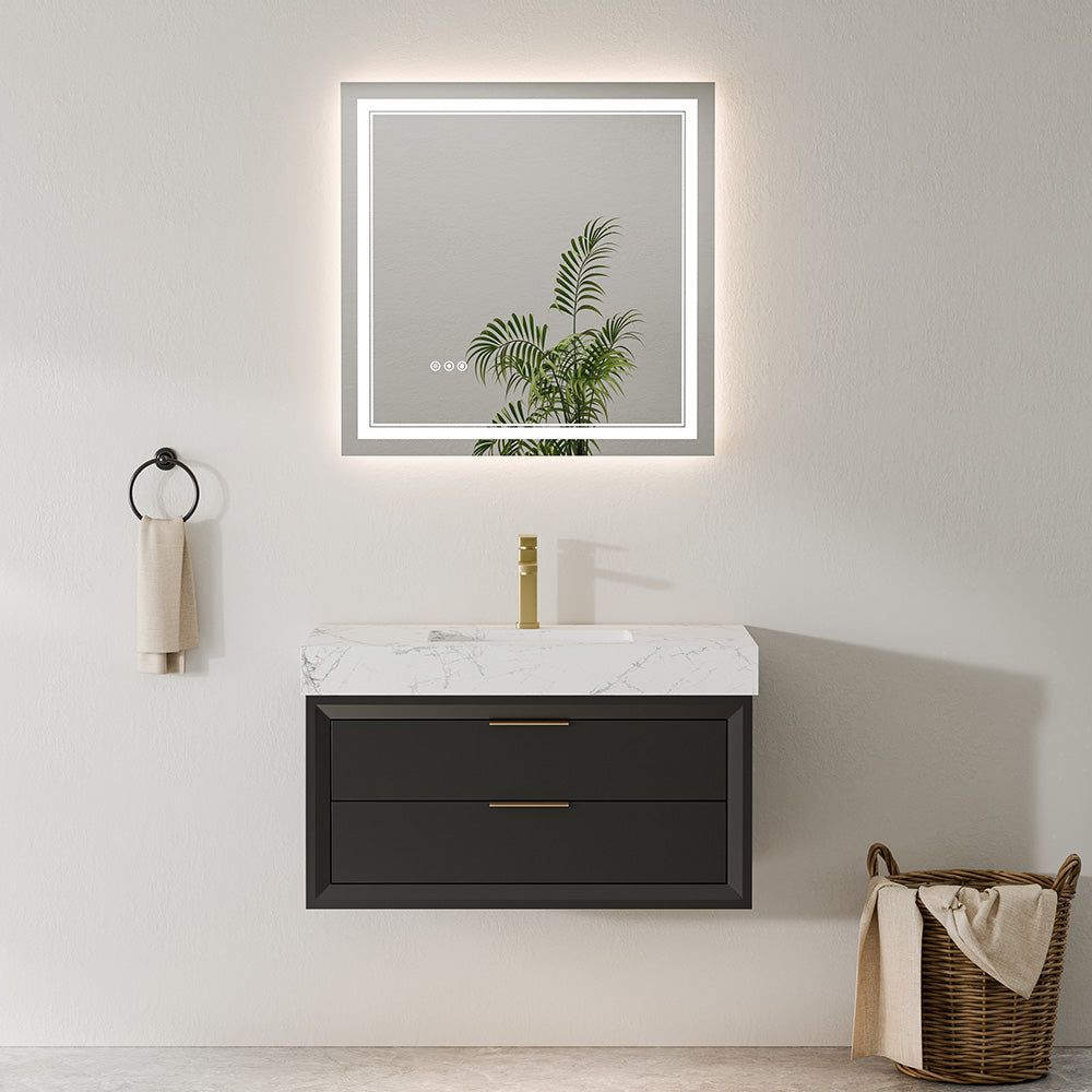36 Inch Solid Wood Floating Vanity with Single Sink Marble Countertop
