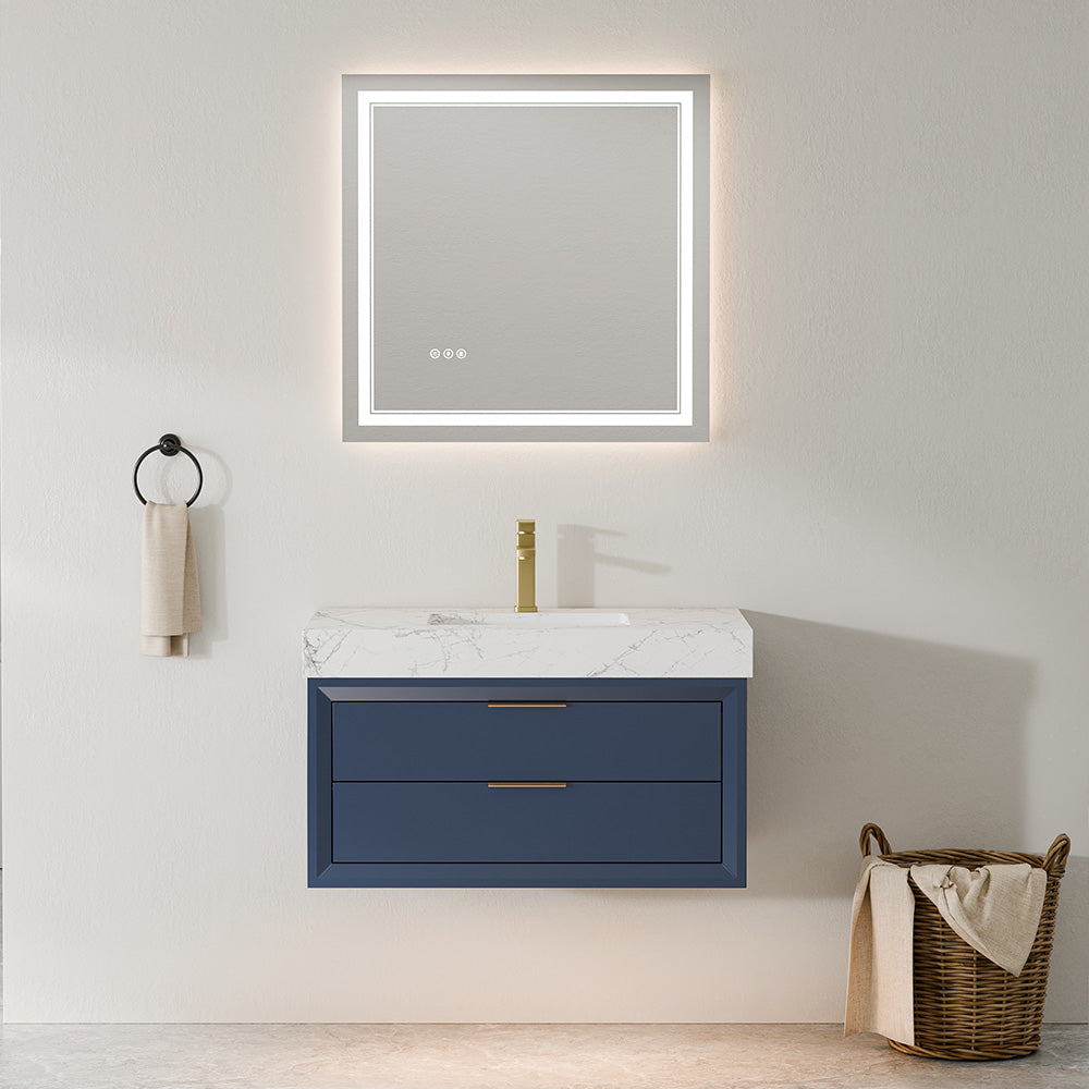 36 Inch Solid Wood Floating Vanity with Single Sink Marble Countertop