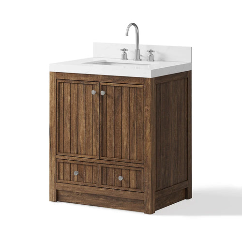 30 Inch Walnut Finish Fully Assembled Bathroom Vanity With Reeded Texture
