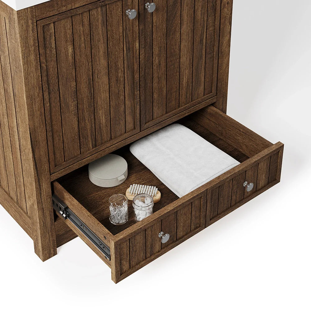 30 Inch Walnut Finish Fully Assembled Bathroom Vanity With Reeded Texture