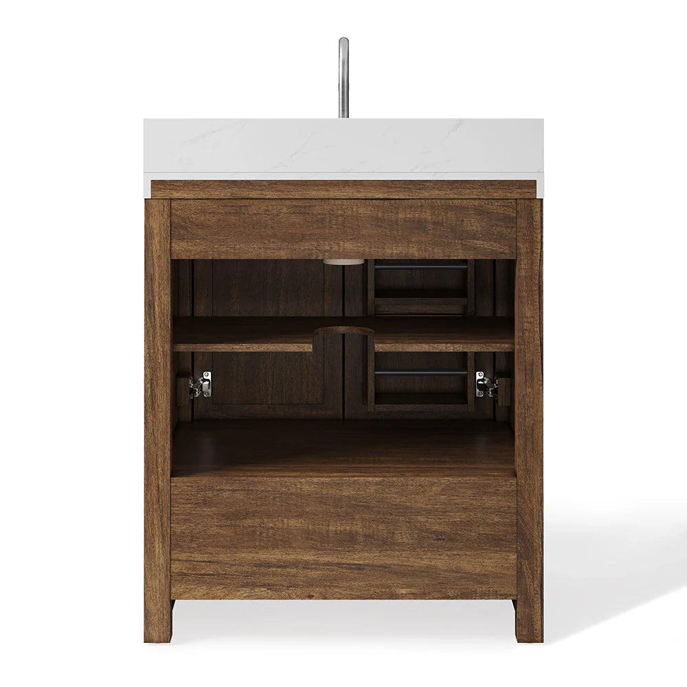30 Inch Walnut Finish Fully Assembled Bathroom Vanity With Reeded Texture