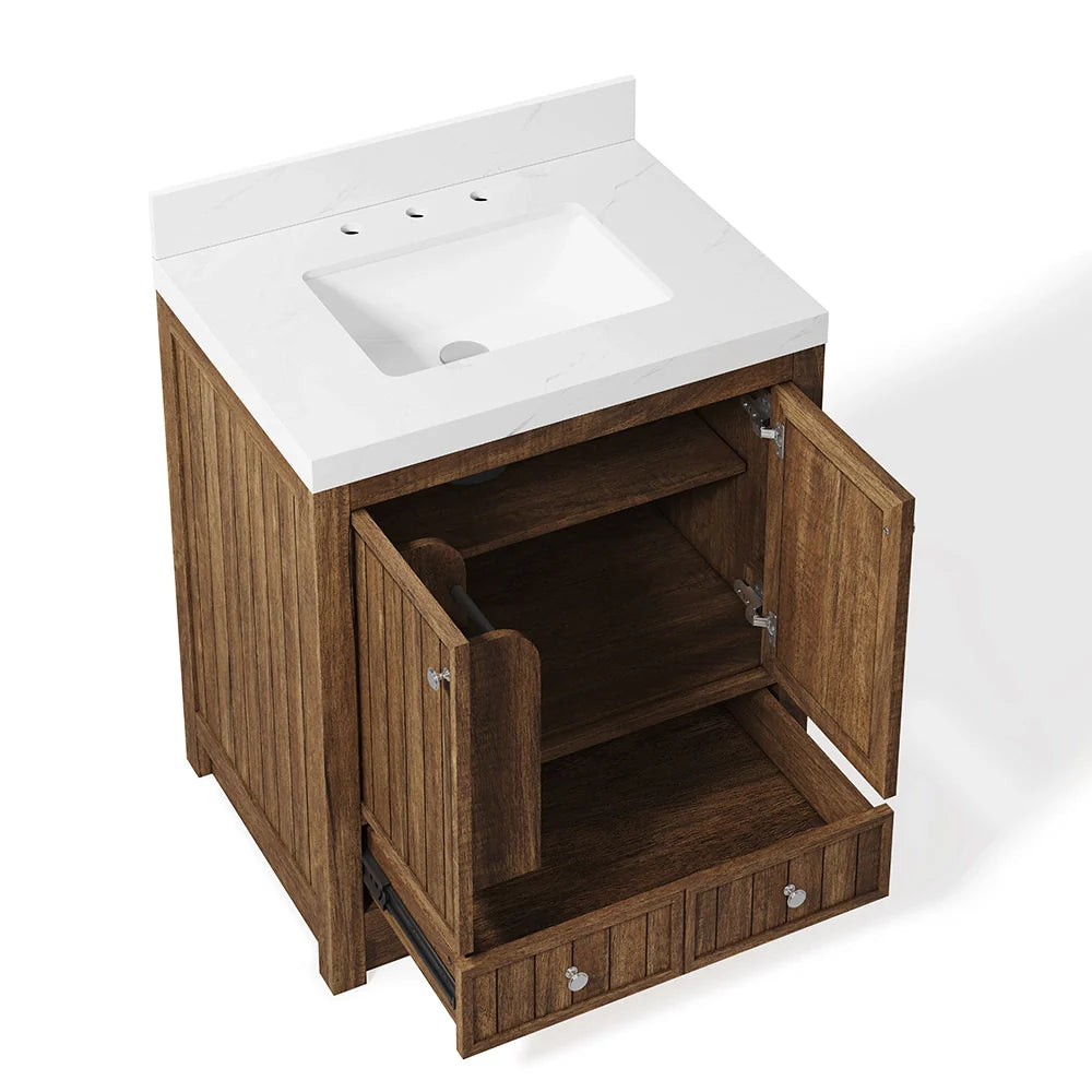 30 Inch Walnut Finish Fully Assembled Bathroom Vanity With Reeded Texture