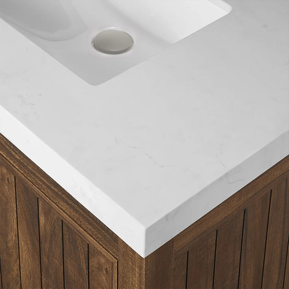 30 Inch Walnut Finish Fully Assembled Bathroom Vanity With Reeded Texture