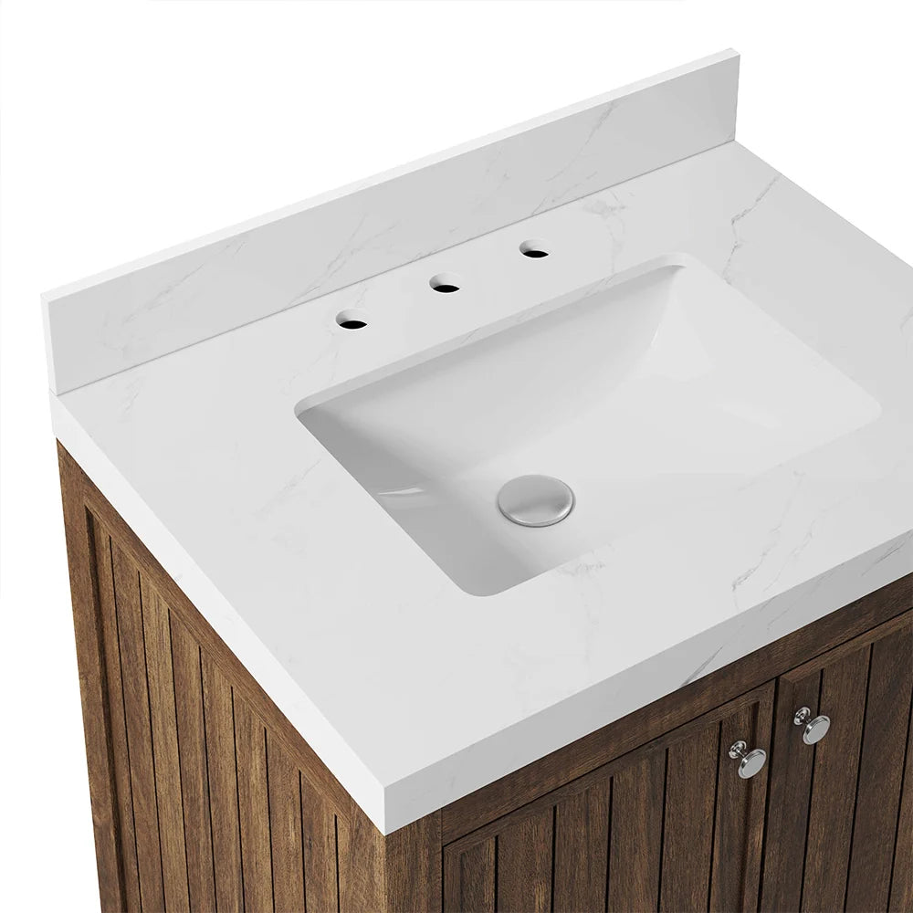 30 Inch Walnut Finish Fully Assembled Bathroom Vanity With Reeded Texture