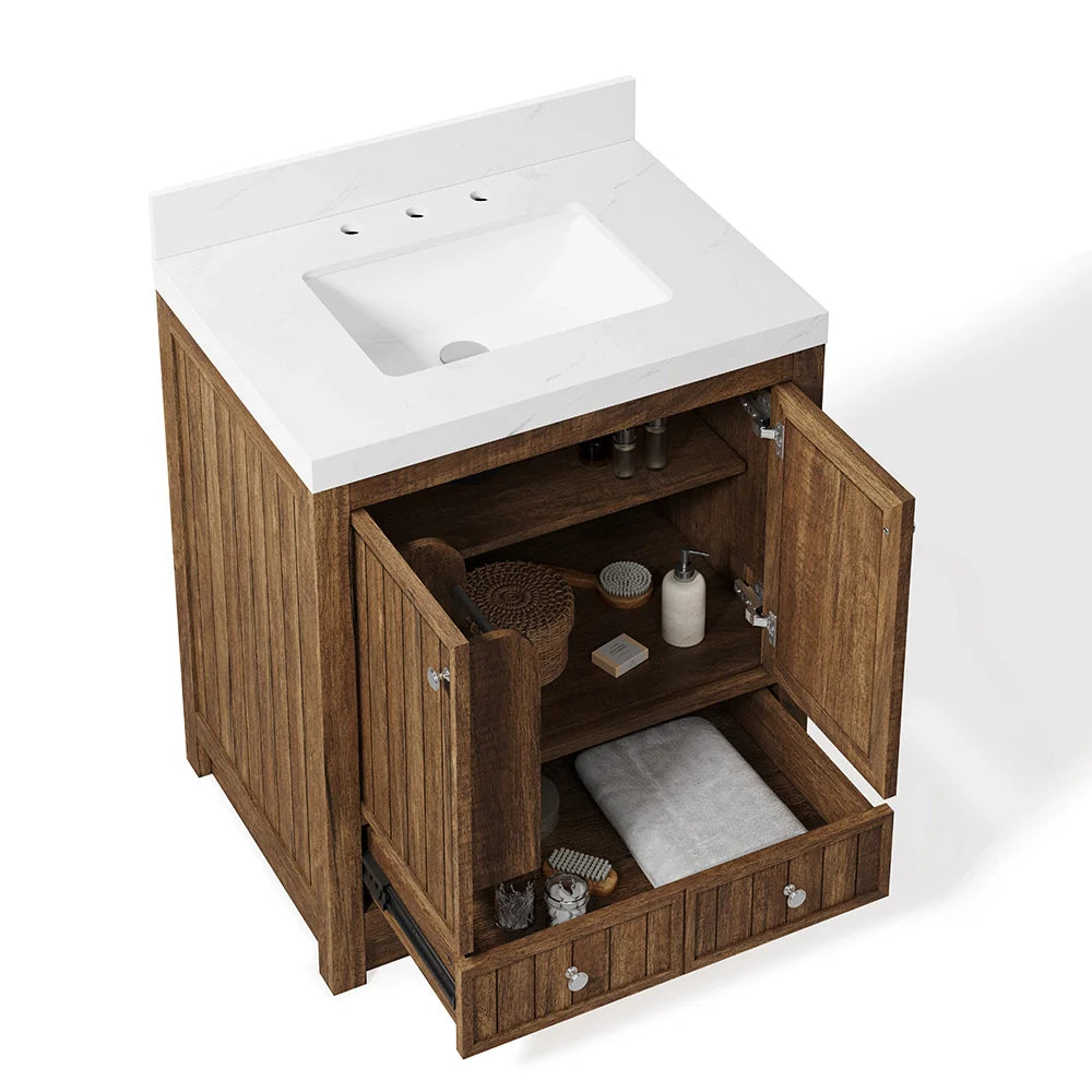 30 Inch Walnut Finish Fully Assembled Bathroom Vanity With Reeded Texture