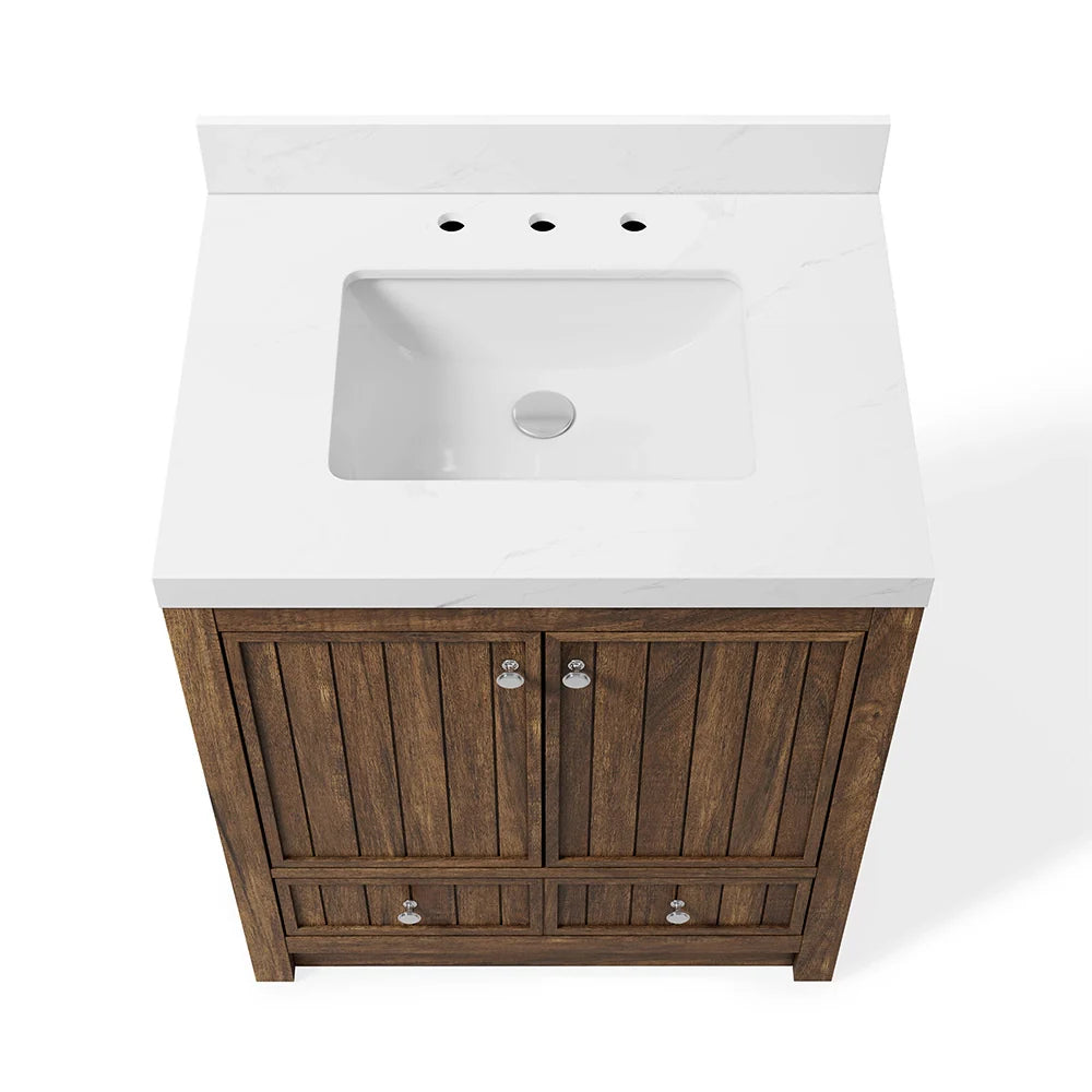 30 Inch Walnut Finish Fully Assembled Bathroom Vanity With Reeded Texture
