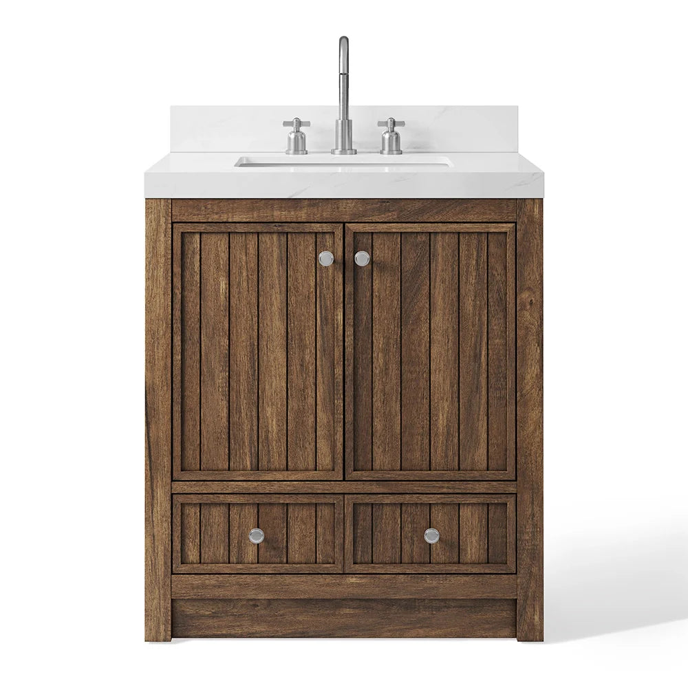 30 Inch Walnut Finish Fully Assembled Bathroom Vanity With Reeded Texture