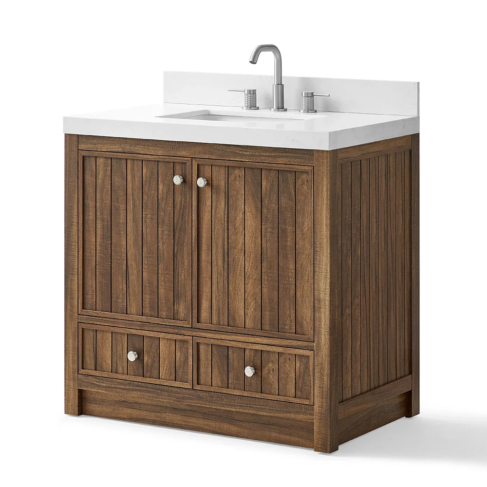 36 Inch Walnut Bathroom Vanity with Fluted Doors & Brushed Nickel Hardware