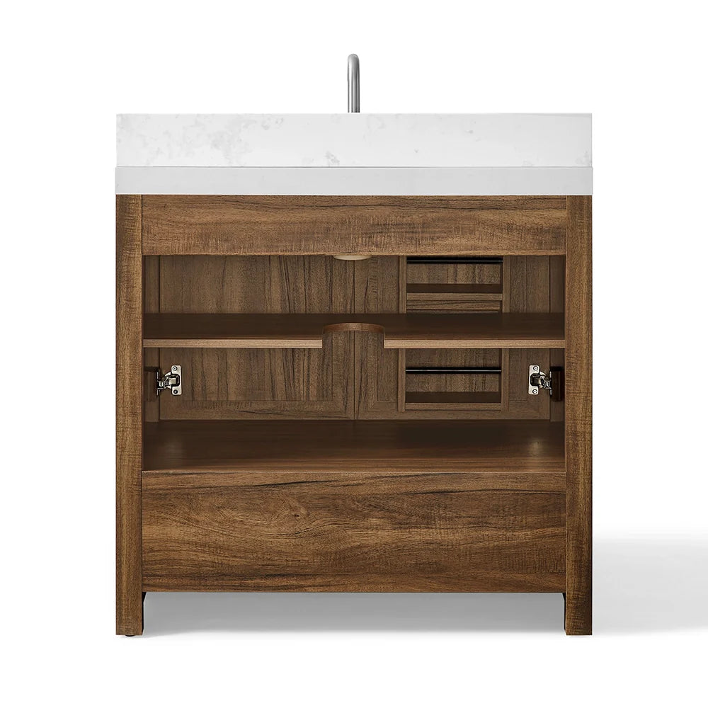 36 Inch Walnut Bathroom Vanity with Fluted Doors & Brushed Nickel Hardware