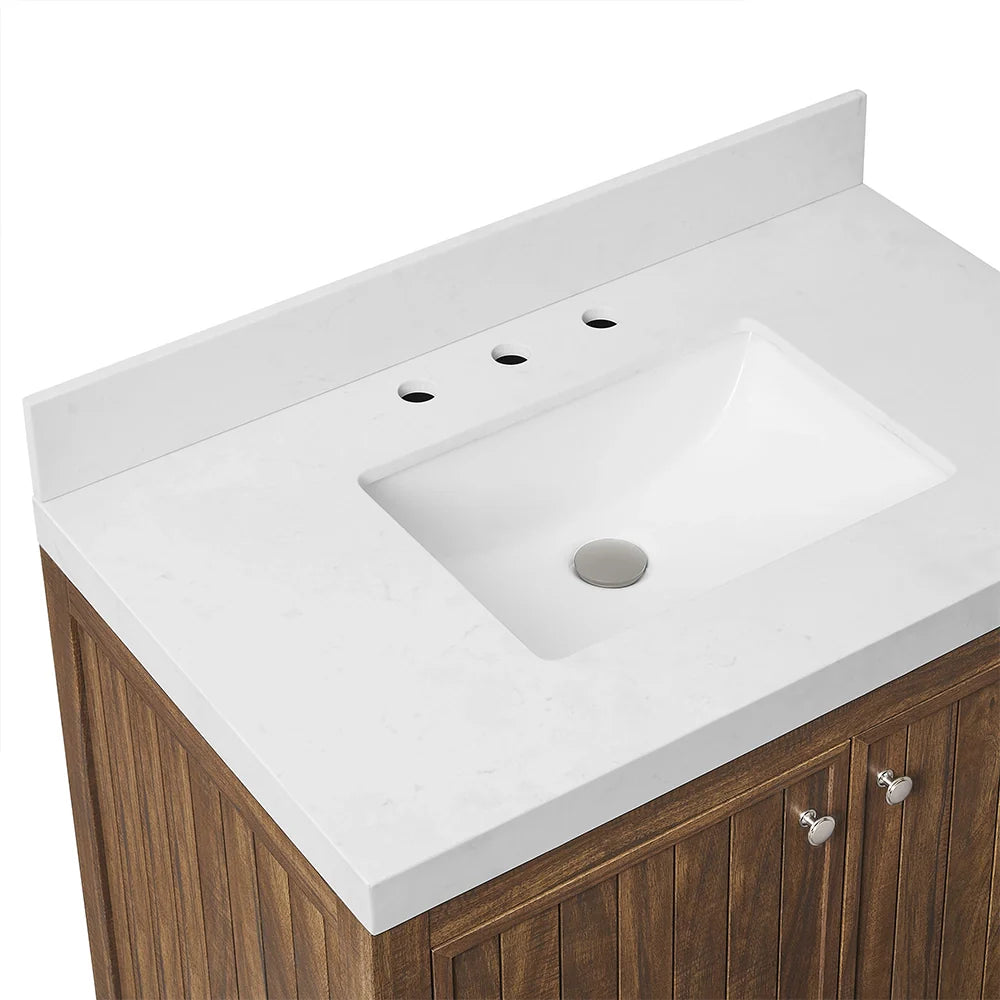 36 Inch Walnut Bathroom Vanity with Fluted Doors & Brushed Nickel Hardware