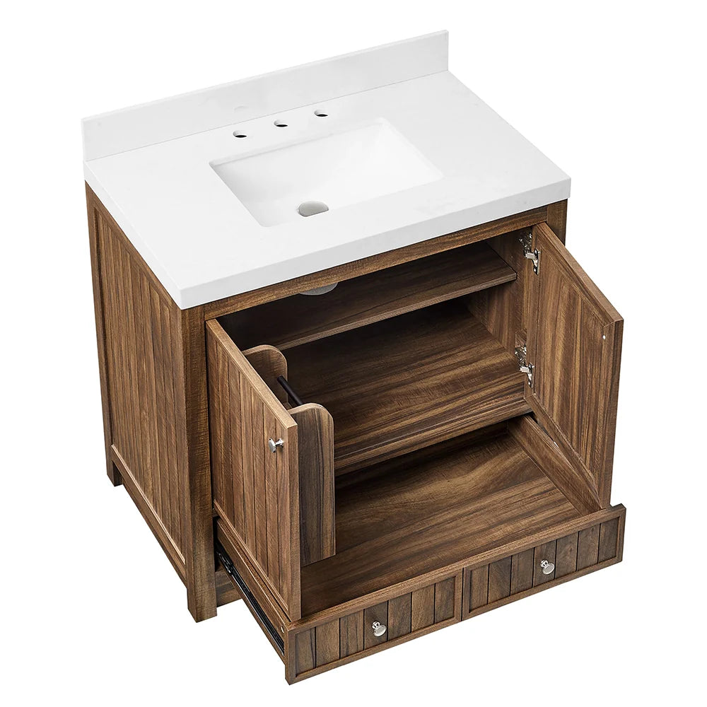36 Inch Walnut Bathroom Vanity with Fluted Doors & Brushed Nickel Hardware