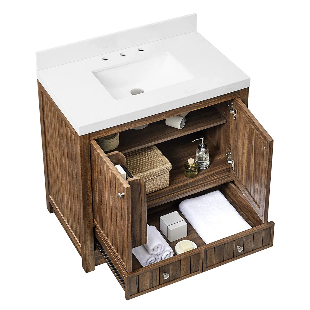 36 Inch Walnut Bathroom Vanity with Fluted Doors & Brushed Nickel Hardware