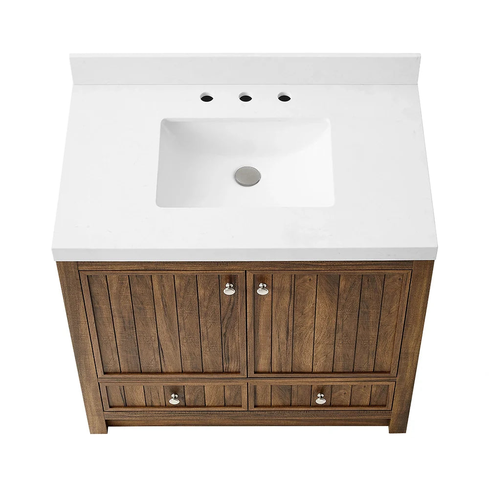 36 Inch Walnut Bathroom Vanity with Fluted Doors & Brushed Nickel Hardware