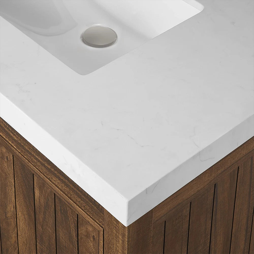 36 Inch Walnut Bathroom Vanity with Fluted Doors & Brushed Nickel Hardware