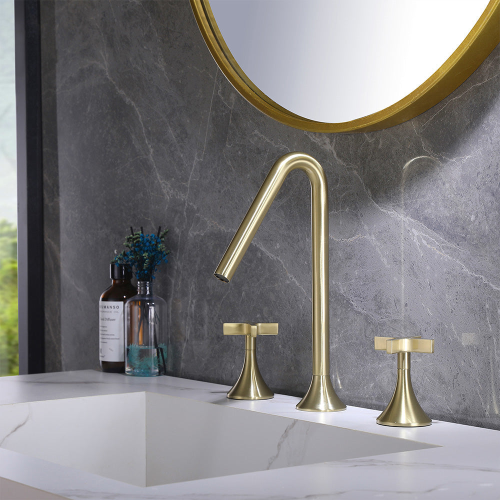 Deck Mounted Dual Cross Handles Bathroom Sink Faucet