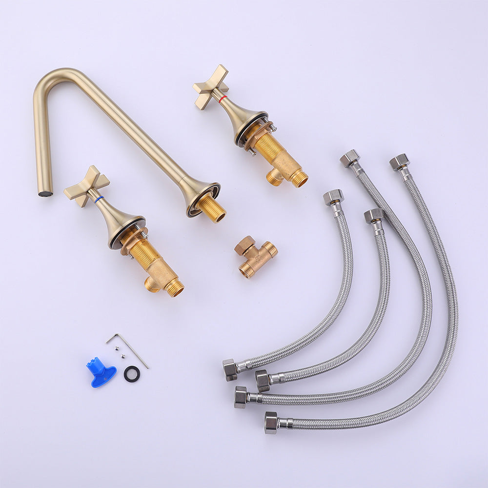 Deck Mounted Dual Cross Handles Bathroom Sink Faucet