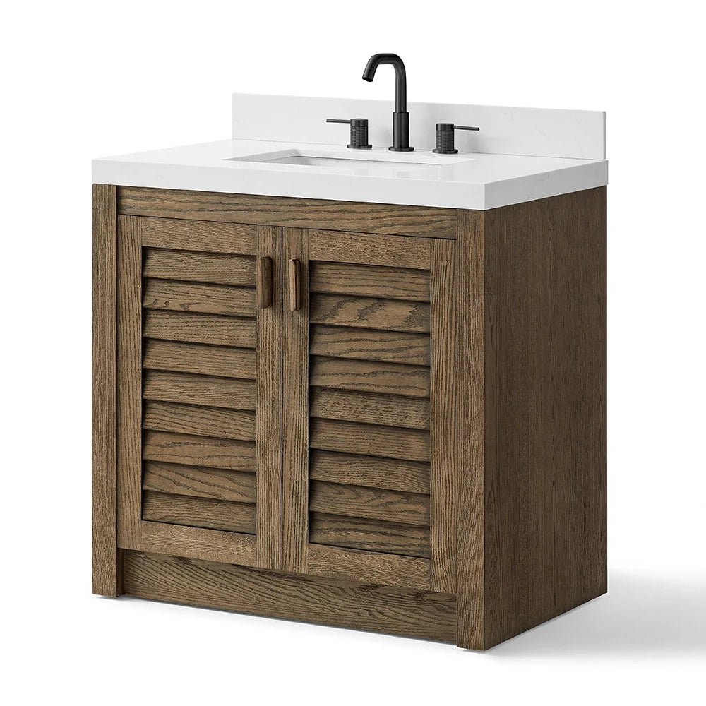 36 Inch Single Sink Bathroom Vanity with White Wide Louvered Doors & Quartz Top