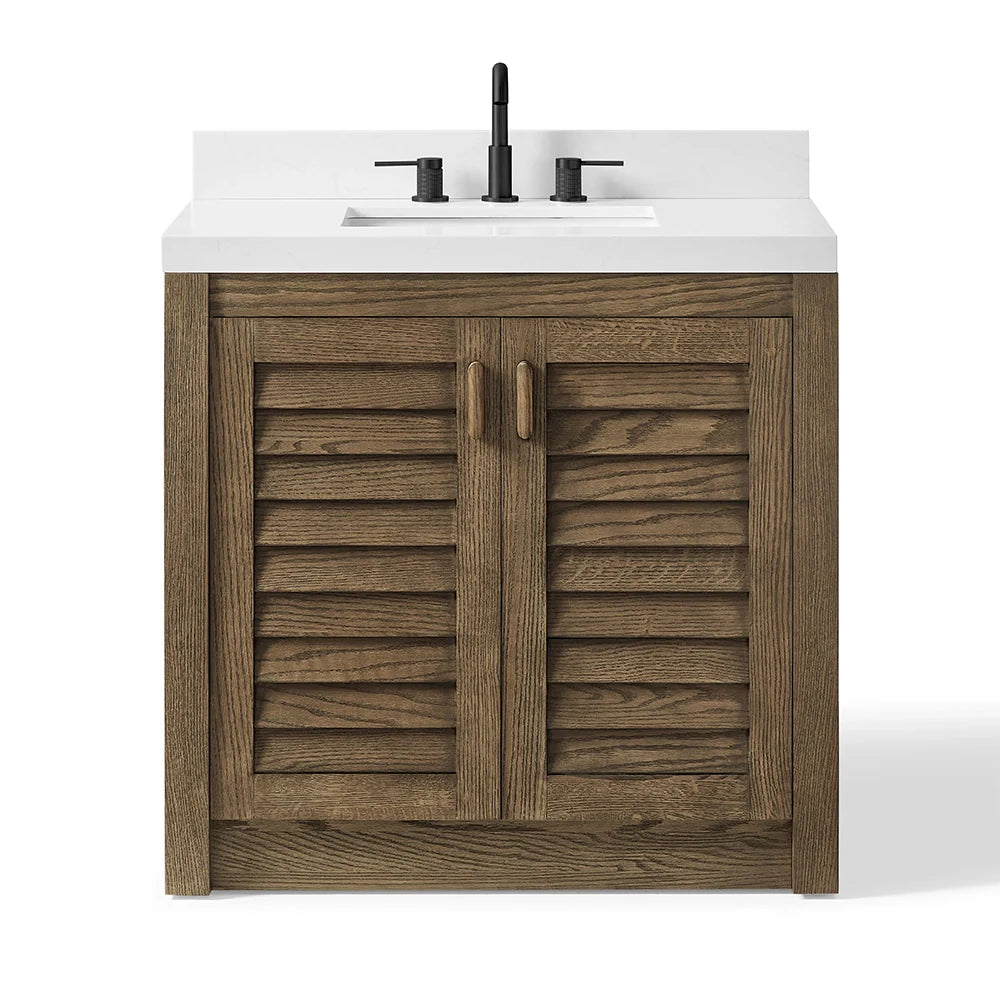 36 Inch Single Sink Bathroom Vanity with White Wide Louvered Doors & Quartz Top